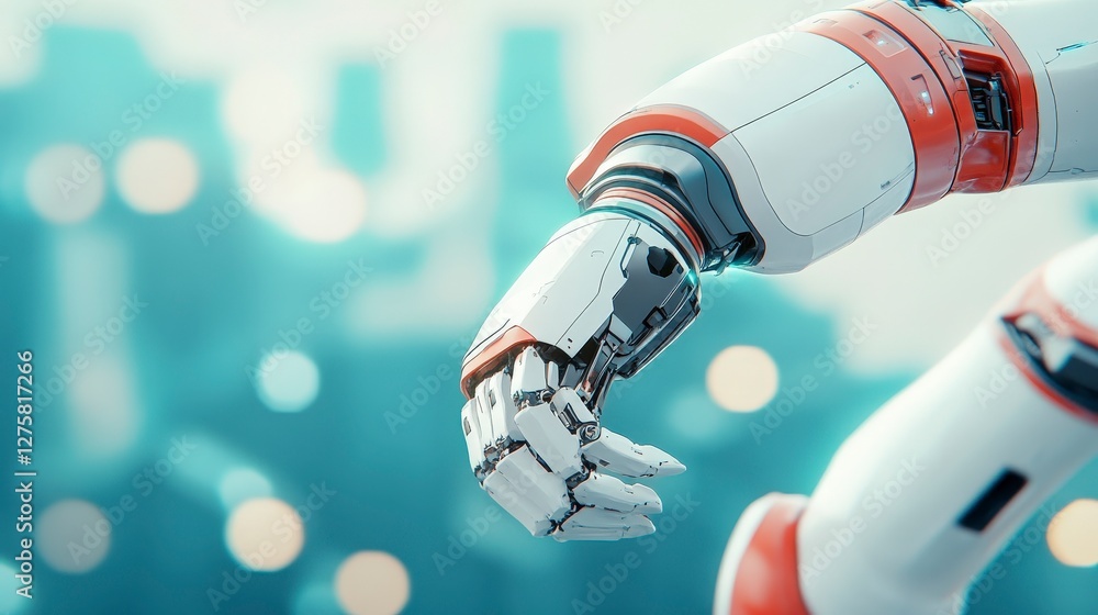 Aufkleber futuristic robotic arm in modern urban background with bokeh effect