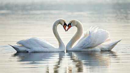 Fototapeta premium Elegant Swans Forming Heart Shape on Calm Water Surface at Sunrise or Sunset