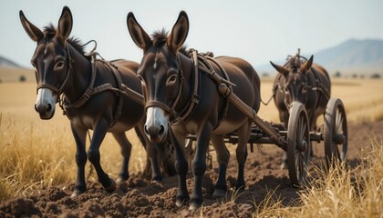 In a sunlit landscape, two sturdy donkeys work diligently, pulling a wooden cart through rich brown soil