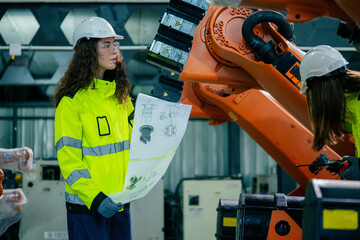 Workers collaborating in a manufacturing facility with robotic machinery and technical plans during...