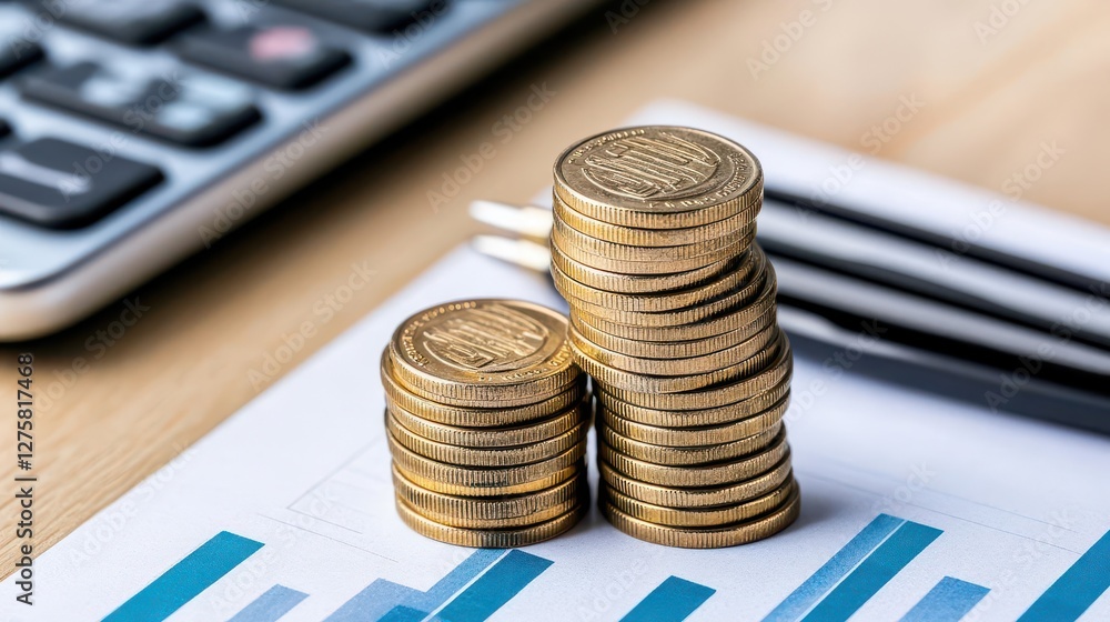 Poster Stacks of coins on a table next to a calculator for financial analysis and budgeting