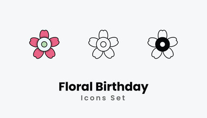 Floral Birthday Icons thin line and glyph vector icon stock illustration