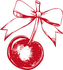 Trendy vector illustration of a cherry with a bow in a graphic style, hand-drawn illustration. red cherry