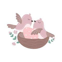 Two birds sit in a nest, waiting for their chick to hatch