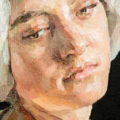 .GIRL with a scarf on her head. Portrait of a woman on a black background. Oil painting on canvas.