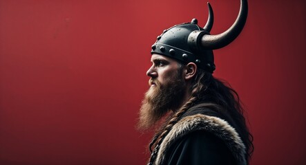 Viking on plain red background side view portrait
