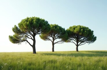 Obraz premium Three pine trees stand in Tuscan landscape. Green conifers on a meadow in Tuscany Italy during summer. Flora and botany in idyllic scenery at daytime.