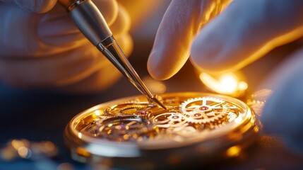 Close-up of a watchmaker meticulously repairing intricate clockwork gears in a softly lit workshop