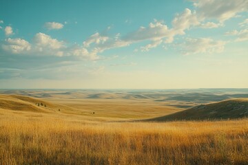 Golden prairie sunset landscape, rolling hills, travel brochure