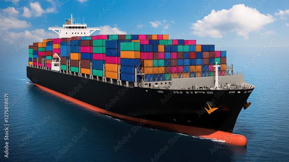 Poster large container ship sailing in the open ocean under a clear blue sky during daytime