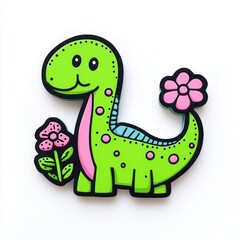 Naklejka premium Colorful Cartoon Dinosaur with Flowers, Fun and Playful Design for Kids' Rooms or Educational Materials