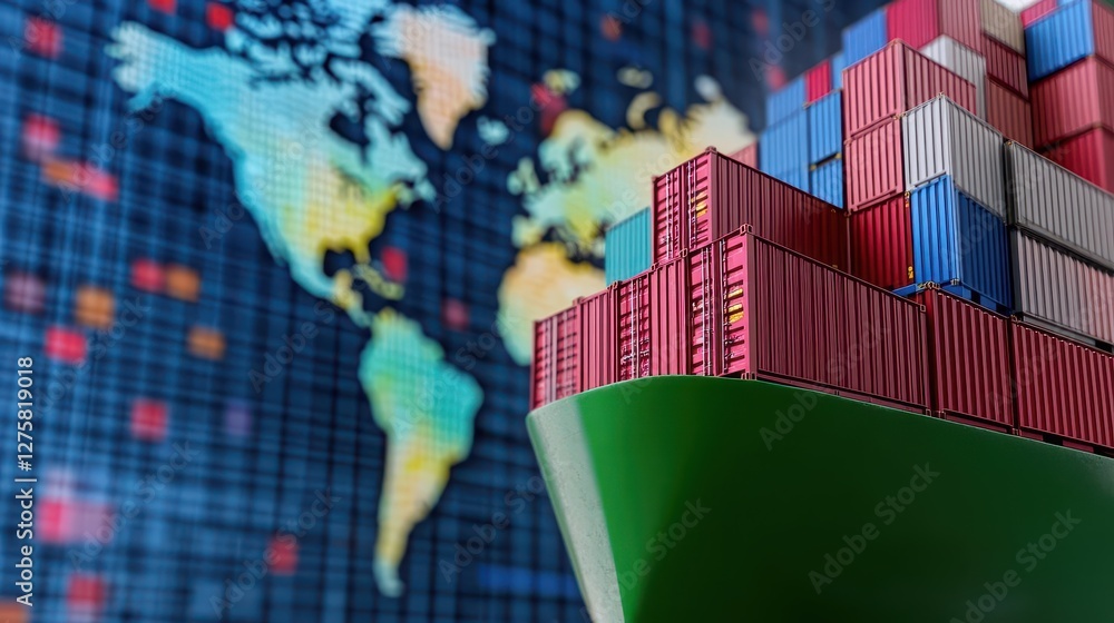 Poster Container ship navigating on water with a world map in the background for global trade concept