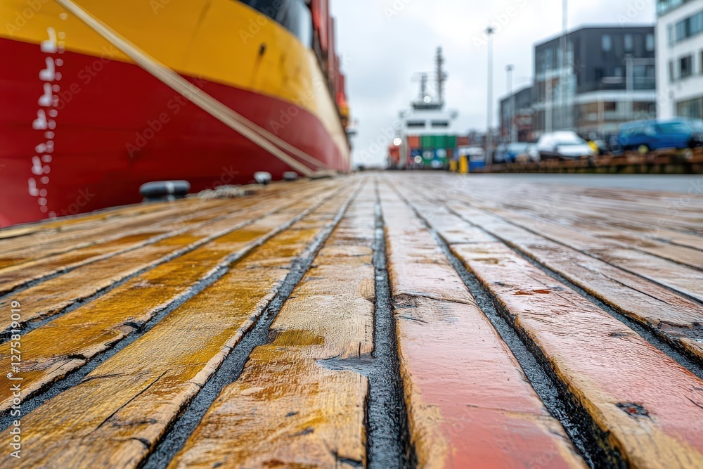 Poster Large cargo ship docked in a busy harbor with cranes and containers visible in the background