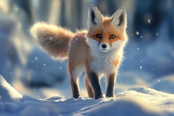 Obraz premium Adorable winter fox in snowy forest; serene wildlife scene; use for nature, animal, or holiday themes