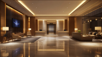 Fototapeta premium Hotel elevator mockup. Lift and tv led screen in lobby. 3d building hallway interior and empty digital television monitor. Blank steel closed entrance area perspective banner. Realistic indoor gate