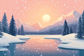Snowy sunset mountain lake winter landscape postcard