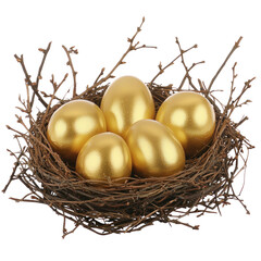 Fototapeta premium Golden eggs nestled in a twigs nest, symbolic wealth isolated on png transparent background, cut out