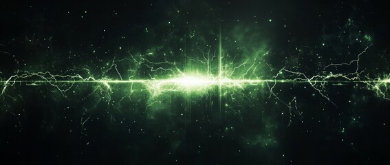 An abstract composition features glowing yellow particles illuminating the dark background, contrasted by a vibrant green landscape with swirling sand particles, evoking a sense of otherworldliness.