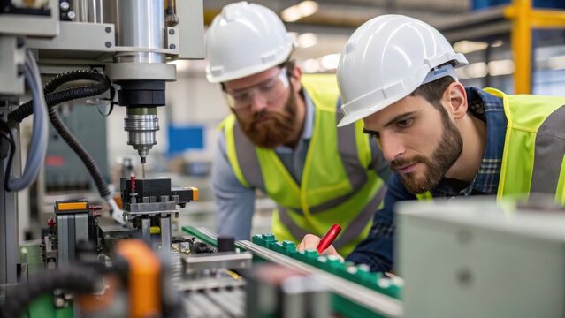 Engineers Inspecting Machinery for Quality Control in a Modern Factory Setting