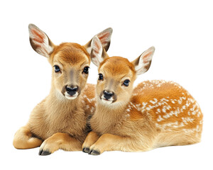 Fototapeta premium Two adorable fawns resting together, showcasing their soft fur and distinctive spots. Their innocent expressions evoke sense of tranquility and nature beauty