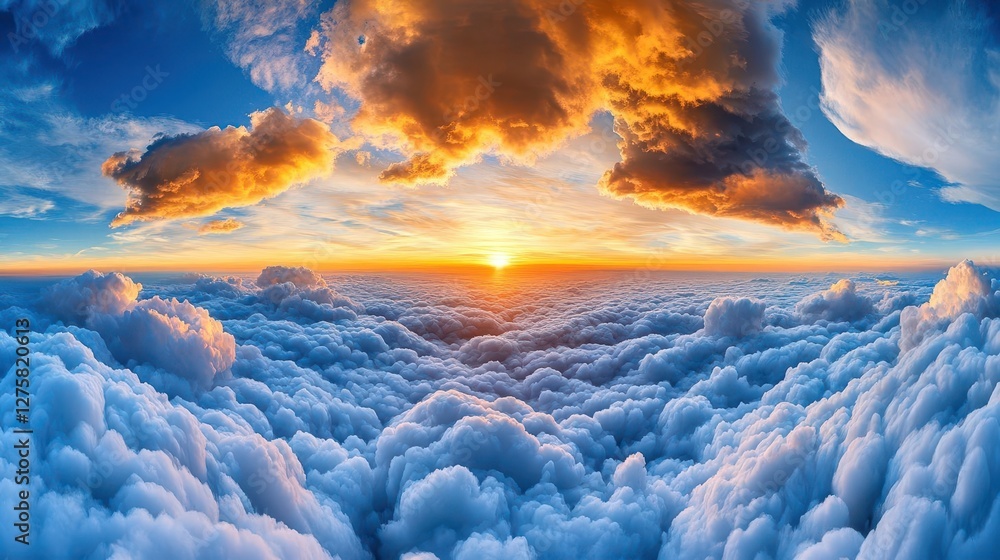 Poster aerial view of clouds illuminated by a vibrant sunset in the sky during twilight hours
