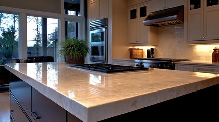 Contemporary kitchen island with natural stone countertop and elegant cabinetry
