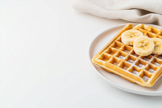 Homemade Belgian waffle with banana slices on ceramic plate, linen dish-cloth, white background, space for text