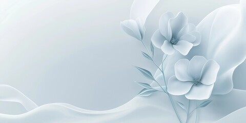 Elegant abstract floral composition in soft pastel blue tones with delicate petals and flowing fabric-like textures, creating a serene and sophisticated aesthetic