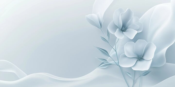 Elegant abstract floral composition in soft pastel blue tones with delicate petals and flowing fabric-like textures, creating a serene and sophisticated aesthetic