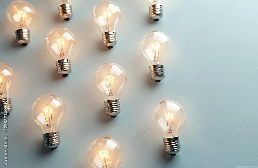 Poster glowing light bulbs form pattern on blue. ideas, innovation. represents inspiration, intelligence, s
