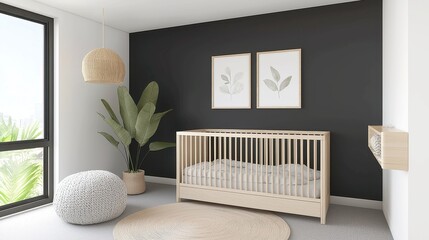 Luxurious black and gold nursery, elegant modern design, spacious layout, rich color palette, stylish decor, perfect for creating a serene baby environment