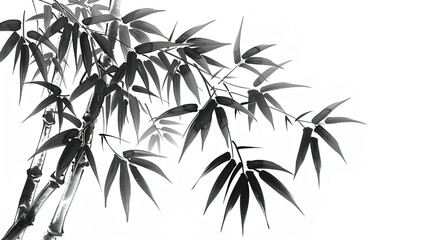 Chinese bamboo ink painting with black line art on white background, traditional asian brushwork, elegant strokes, nature-inspired artistic expression
