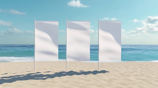 Realistic 3D vector mockups of a banner stand and beach flags. Blank canvas in the shapes of a teardrop, feather, and white rectangle for displaying branding messages and identity in an outdoor sea