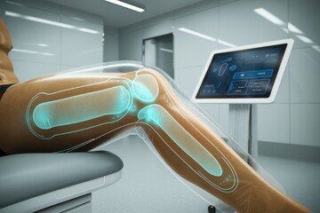 Knee pain surgery options concepts. Advanced knee treatment with digital monitoring and visualization technology in a clinical setting.