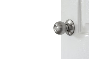 Door knob on white door background