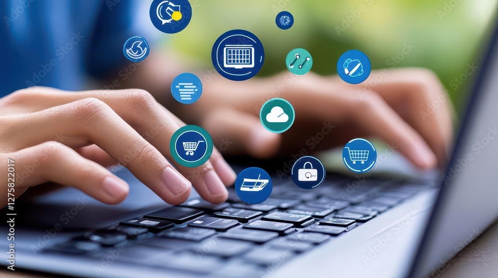 Aufkleber closeup of hands on a laptop keyboard with digital icons for different educational tools and resourc