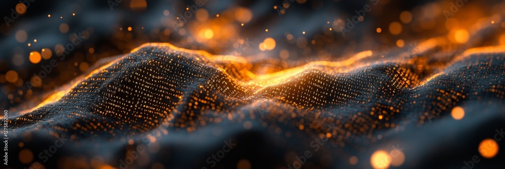 Poster glowing binary wave. abstract flowing digital data landscape with orange particle dots.