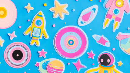 Groovy universe sticker pack - fun cosmic elements. Flying astronaut, alien in headphones, sun with headband, roller skating planet with comet fire trail, pink rocket, colorful stars and vinyl record.
