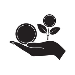 hand holding a money plant with golden coins silhouette with white background