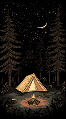 A tent and campfire in the woods at night, illustrated style
