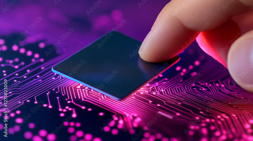 Poster a close-up view of a human finger gently touching the intricate surface of a microprocessor, reveali