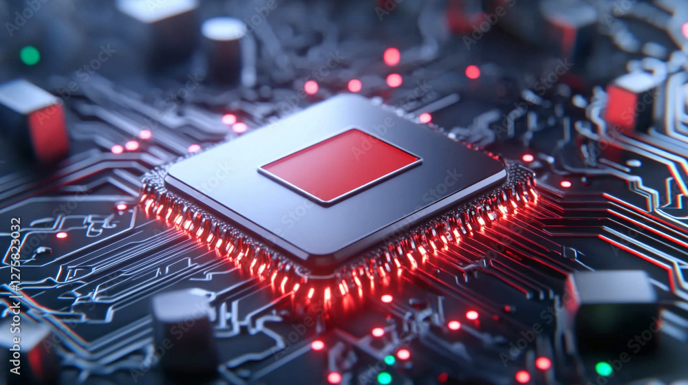 Poster a captivating close-up of a detailed microprocessor chip showcasing intricate circuitry patterns and