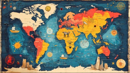 Fototapeta premium Vintage World Map with Colorful Illustrations and Nautical Design