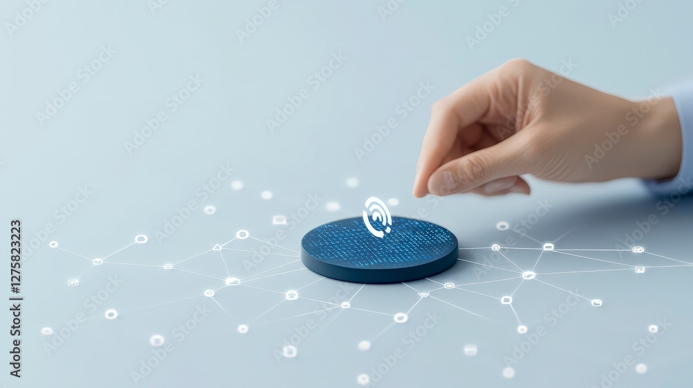 Poster hand interacting with digital interface on blue background representing technology