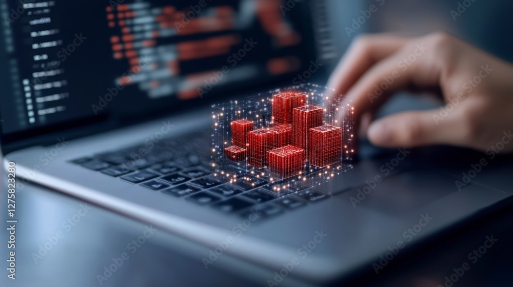 Aufkleber digital data visualization with 3d bar graphs on laptop in modern workspace