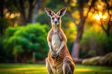 Captive Kangaroo Standing on Hind Legs, Front View, Tail Visible