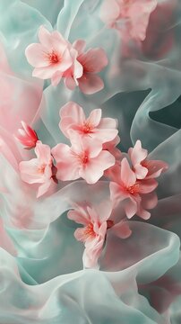 Delicate pink blossoms surrounded by flowing, translucent teal fabric, creating a soft and elegant floral composition with a dreamy aesthetic ,vertical image