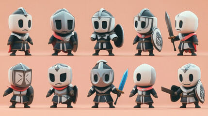 Fototapeta premium Cute knight character emotions isolated on background. Vector contemporary cartoon illustration of medieval soldier in armor with sword, relaxed with flower, jumping, running, fighting