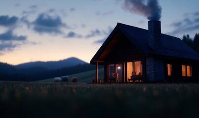Cozy Cabin Retreat at Sunset, A Serene Evening in the Mountains