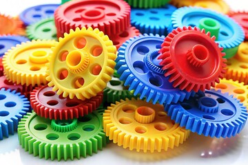 Colorful Plastic Gears Stacked on White Background - Motion Process Concept
